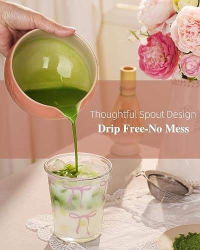 ZENS Matcha Whisk Set, Pink Ceramic Matcha Bowl with Embossed Sakura, 6pcs Matcha Tea Kit Includes Bamboo Whisk, (Chasen Holder) Scoop & Sifter, Tea Towel for Matcha Ceremony, Pink thumbnail 2