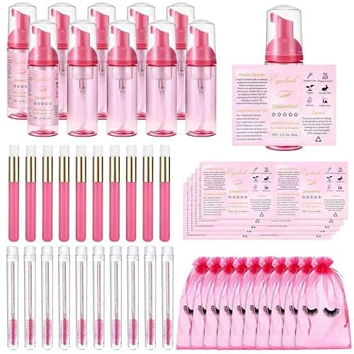 50 Pcs Lash Shampoo Bottle Brushes Set 10 Empty Foam Pump Dispensers 10 Label Stickers 10 Mascara Wands Tubes 10 Cleansing Brush 10 Bag for Eyelash Extensions Aftercare(Rose Red) - Image 1