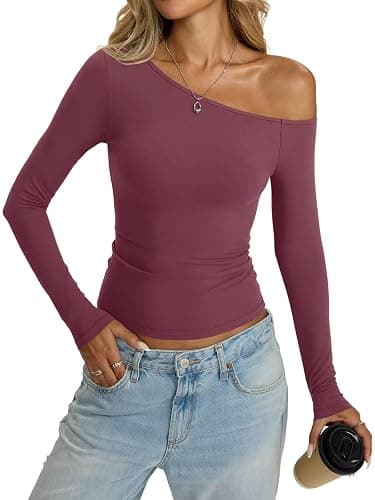 Eachyes Womens Off Shoulder Tops Tight Long Sleeve Shirts Sexy Top Y2K Slim Fit Going Out Fall Fashion Clothes 2026 thumbnail 5