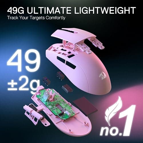 Redragon M916 PRO 3-Mode Wireless Gaming Mouse, 49G Ultra-Light 26K DPI Mouse w/Ergonomic Natural Grip Build, Full Programmable Buttons, Software Supports DIY Keybinds & DPI (1K Hz, Pink) thumbnail 3
