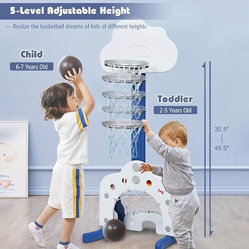 Costzon Kids Basketball Hoop, Toddler Sports Activity Center w/ 5 Adjustable Height Levels, Basketball Soccer Golf Game Set, Indoor Outdoor Basketball Hoop Set Best Gift for Baby Infant White Clouds - White Clouds - 22” x 20'' x 58.5''(L X W X H) thumbnail 3