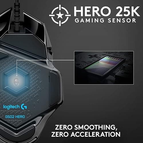 Logitech G502 HERO High Performance Wired Gaming Mouse, HERO 25K Sensor, 25,600 DPI, RGB, Adjustable Weights, 11 Buttons, On-Board Memory, PC/Mac thumbnail 2