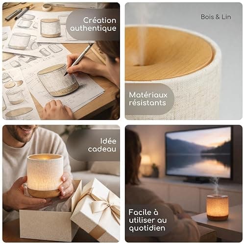 Zen’Arôme Diffuseur Ultrasonique Alesia – Diffusion Huile Essentielle à Froid Aromathérapie – Design Original, Coque en Toile de Lin et Revêtement Couleur Bois – Diffusion + Éclairage Personnalisables thumbnail 6