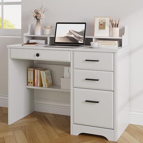 4 EVER WINNER White Desk with Drawers, 44 Inch Small Computer Desk with File Drawer and Monitor Stand, Wood Desk with Storage Shelf for Small Spaces, Living Room, Bedroom, White thumbnail 6