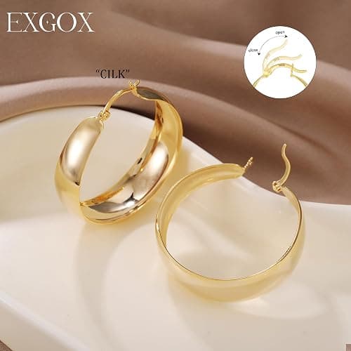EXGOX Gold Hoop Earrings for Women Sterling Silver Post Hoops Earrings for Women Wide Thick Silver Hoop Earrings Hypoallergenic Lightweight 14k Real Gold Plated Hoop Large Earrings (25/30/40/50MM) thumbnail 4