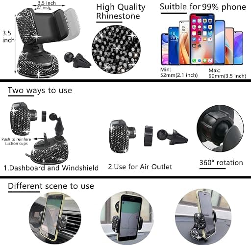 NBTEPEM 27 PCs Black Bling Car Accessories Set for Women, Steering Wheel Covers Universal Fit 15 Inch, Bling License Plate Frame, Bling Phone Holder, Bling Car Coasters (Black Diamond) thumbnail 5