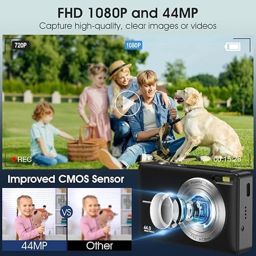 Digital Camera, 1080P FHD 44MP Compact Digital Camera, Compact Vlogging Camera with 2.4" LCD Screen, 16X Digital Zoom, Anti-Shake, Rechargeable, Portable Mini Camera for Kids, Teens, Beginners - Black thumbnail 2