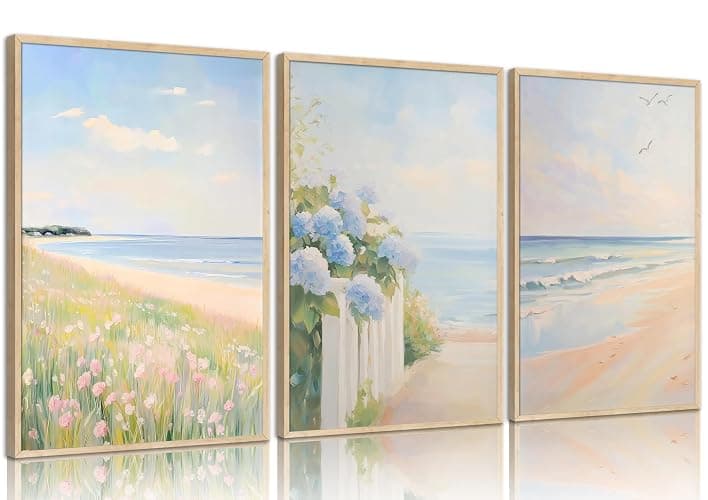 Wood Framed Pastel Coastal Wall Art Pink Beach & Blue Hydrangea Pictures Wall Decor Ocean Wildflowers Posters Summer Beachy Preppy Painting Print Artwork for Beach House Bedroom Dorm Apartment - Image 1