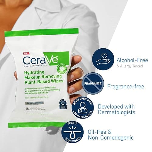 CeraVe Makeup Remover Wipes, Plant Based Face Wipes, Biodegradable in Compost, Waterless Face Wash, Travel Essentials for Women, Suitable for Sensitive Skin, Fragrance-free + Non-comedogenic, 25ct thumbnail 5