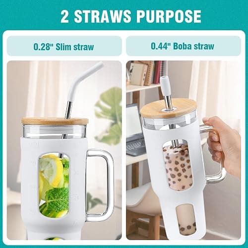 WINSA Glass Tumbler with Lid and Straw, 46 oz Iced Coffee Cup with Handle, Large Water Bottles with Silicone Sleeve, Glass Cup with Straws - Pearl Straw & Drinking Straw BPA Free-White thumbnail 4