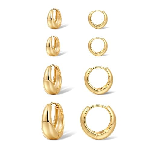 Foxgirl 4 Pairs Small Chunky Huggie Hoop Earrings for Women - Dainty 14K Gold Plated Hypoallergenic Lightweight Stack Earring Sets for Multiple Piercing Trendy Jewelry - Image 1