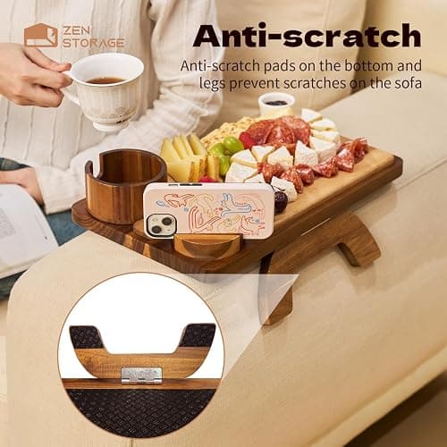 ZenStorage Acacia Wood Couch Arm Table Tray with Charcuterie Board with Phone Holder, Cup Slot & Folding for Wide/Narrow Recliners, Snack Table for Small Spaces TV Entertaining (Natural Wood) thumbnail 4