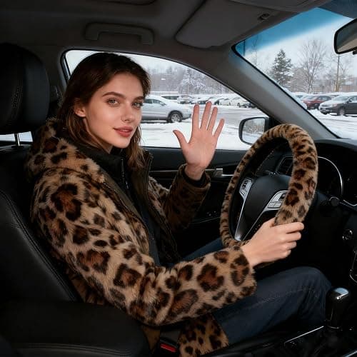 Brown Leopard Print Fuzzy Steering Wheel Cover for Women, Universal Auto Steering Wheel 14-15 Inch Soft Warm Car Interior Accessories with 2PCS Car Coasters, Suitable for Men and Women thumbnail 5