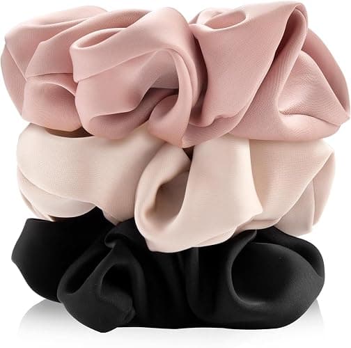 Scrunchies for Women,Satin Scrunchies Softer Than Silk Scrunchies for Hair,Large Hair Scrunchie with Elastic,Hair Ties No Damage,Elastic Ponytail Holders -3 Pack(Black+Pink+Champagne) - Image 1