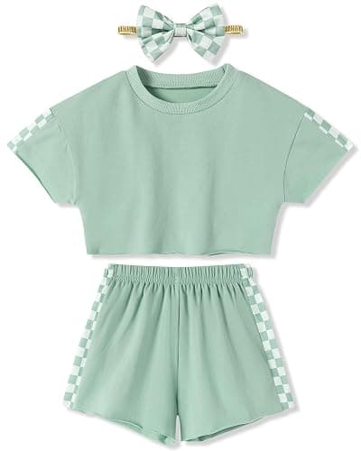 SANMIO Toddler Girl Clothes Summer 3 Piece Outfits Cute Short Sleeves Checkered Tops Shorts and Headband Girls Clothing Set - Image 1