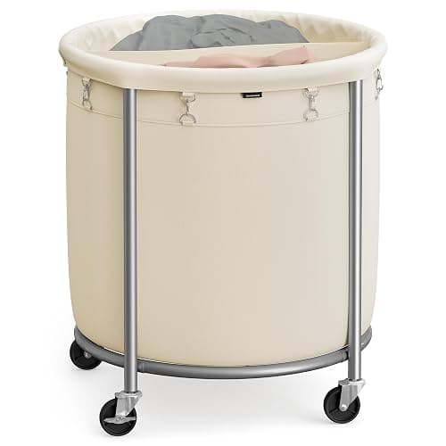 SONGMICS 63.5-Gallon (240 L) Laundry Basket with Wheels, Rolling Round Heavy-Duty Laundry Hamper Cart with Steel Frame and Removable Bag, 2 Locking Wheels, Cream White and Metallic Silver URLS012W01 - Image 1