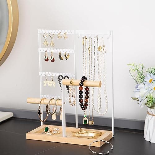Jewelry Organizer Stand, Jewelry Holder, Lengnoy 4 Tier Earring Holder with 48 Holes and 6 Hooks Necklace Organizer Wood Box for Necklace Bracelet Earring Ring, White thumbnail 2