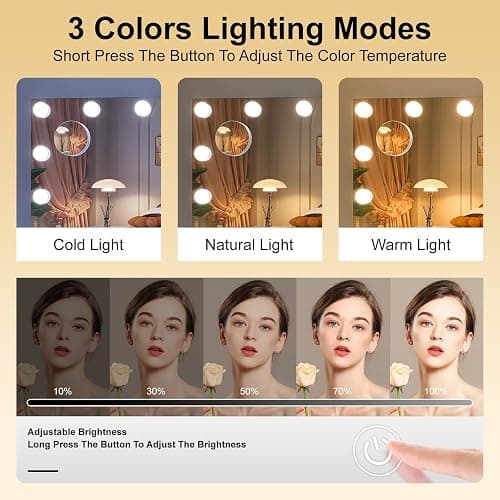 Hasipu Hollywood Vanity Mirror with Lights, 29" x 20" Makeup Mirror with 14 Dimmable LED Bulbs 3 Color Modes & Detachable, 5X Magnifying Glass, Touch Control, USB and Type-C, Tempered Glass thumbnail 4