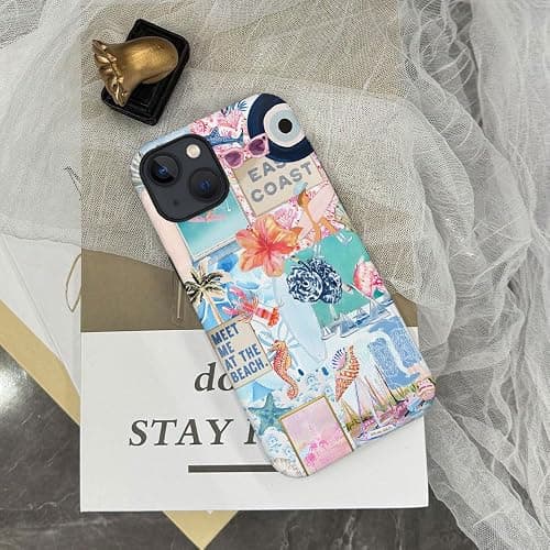 Generic Case Compatible with iPhone 14,Scratch Resistant Hybrid 2-Layer Hard Shell Phone Case,Seashells Beach Summer Jellyfish Collage thumbnail 6