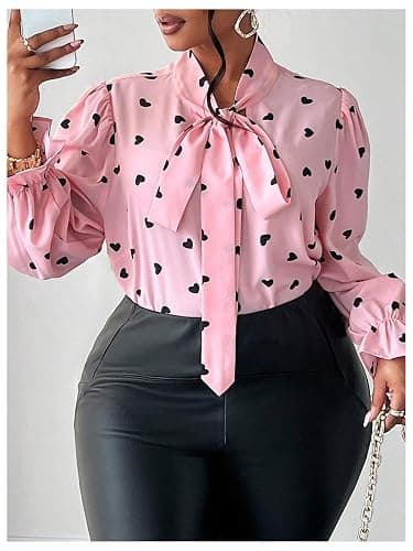 WDIRARA Women's Plus Size Heart Print Bow Tie Neck Long Sleeve Blouse Office Shirt Top thumbnail 4