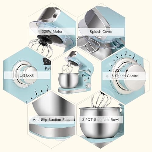 Kitchen in the box Stand Mixer,3.2Qt Small Electric Food Mixer,6 Speeds Portable Lightweight Kitchen Mixer for Daily Use with Egg Whisk,Dough Hook,Flat Beater (Blue) thumbnail 6