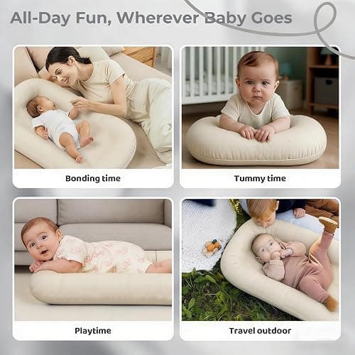 Vicorise 100% Cotton Baby Lounger Play Mat,Tummy Time Mat with Cover for 0-24 Months Newborn Baby,Washable Play Gym Mats for Home Travel-Apricot thumbnail 9