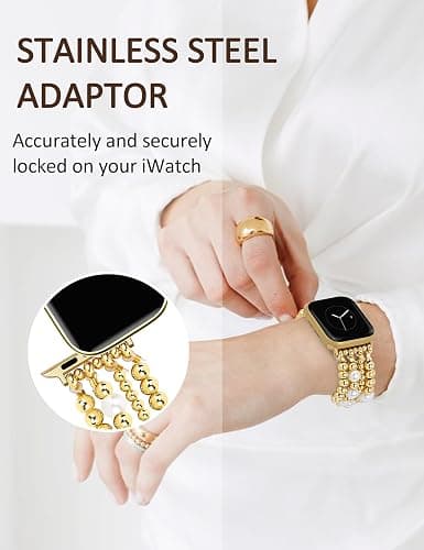 JR.DM Gold Beaded Bracelet Bands Women Compatible with Apple Watch 40mm 42mm(S10/11) 41mm 38mm Dressy Fancy Stretchy Elastic Jewelry Strap Replacement for iWatch Series 11/10/9/8/7/6/5/4/3/2/1/SE thumbnail 6