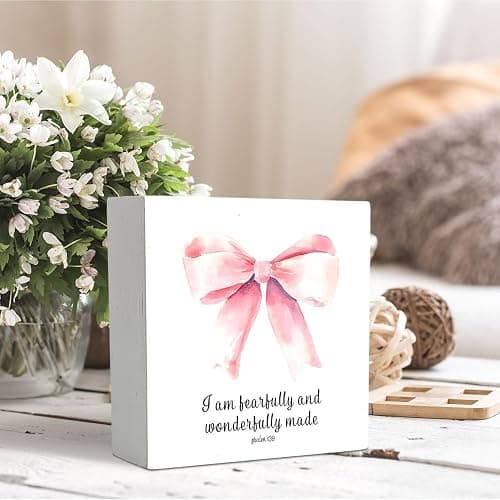 OVAcational Coquette Pink Christian Bow Wooden Signs,Coquette Room Decor,Christian Religious Wooden Box Sign,Pink Bow Room Decor For Girls Dorm Desk Shelf Tabletop Decoration 5x5 Inches thumbnail 6