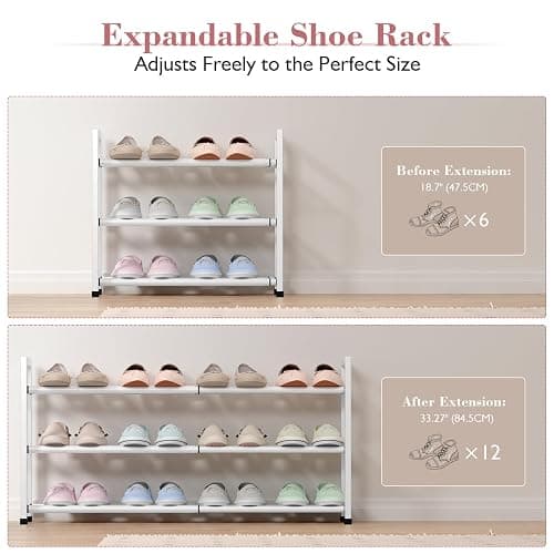 Bumusty 3-Tier Expandable Shoe Rack for Closet, 18“-33” Adjustable Shoe Rack for Small Space, Small Shoe Organizer for Front Door, Sturdy Metal, White thumbnail 5