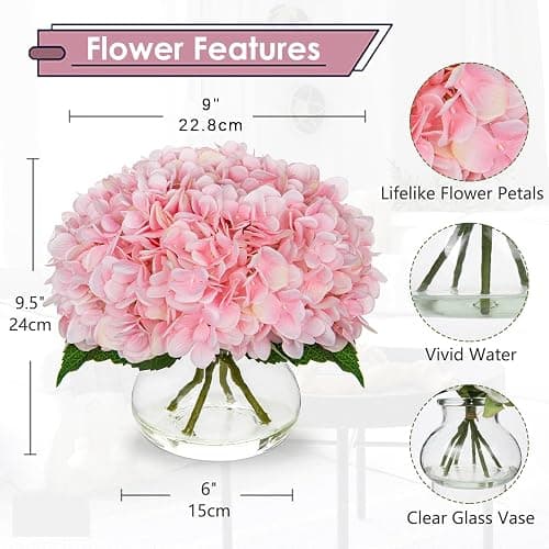 Hollyone Hydrangea Artificial Flowers with Glass Vase Pink Silk Faux Flowers Arrangements with Clear Faux Water Fake Floral Bulk Bouquet for Home Decor Table Centerpiece Decorations thumbnail 3