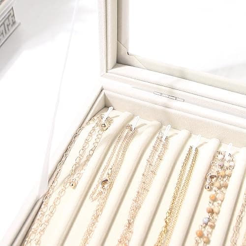 14 Hooks Necklace Storage Tray, Velvet Neckalce Organizer Box with Clear Lid, Pendant Chain Necklace Jewelry Organizer Drawer Tray for Women Girls (Beige) thumbnail 5