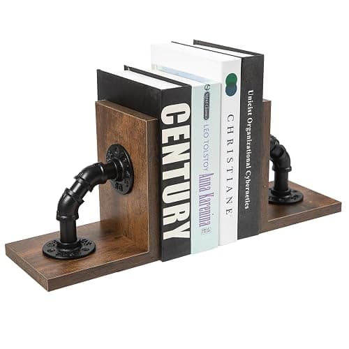 Rustic Decorative Wooden Tabletop Farmhouse Bookends for Heavy Books with Modern Industrial-Style Pipe Office Desktop Bookshelf Organizers Stoppers Holder Nonskid Shelf Decor 1-Pair (Dark Brown) - Image 1