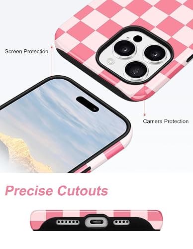 Jusy Magnetic Checkered Phone Case for iPhone 17,Pale Pink | Compatible with MagSafe, Cute Aesthetic Plaid Design, TPU and PC Protective Shockproof Cover thumbnail 5