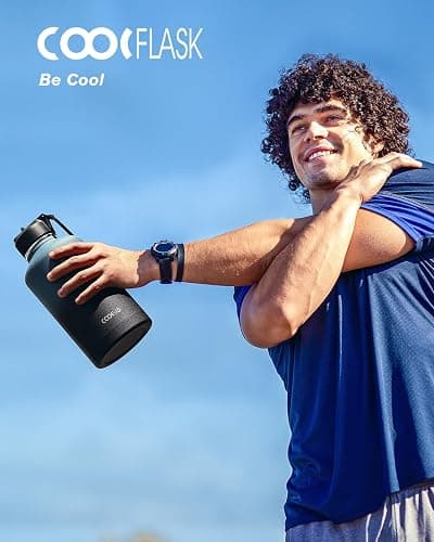 Half Gallon Water Bottle Insulated with Straw & 3 Lids, Coolflask 64 oz Water Jug Large Metal Stainless Steel Wide Mouth for Sports, Gym or Office, Non-BPA Keep Cold 48H Hot 24H, Samurai Cyan thumbnail 6
