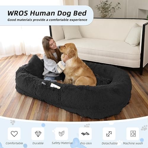 Human Dog Bed, 71''x45''x12'' Size Fits You and Pets, Washable Faux Fur Pet Bed for People Doze Off, Napping Orthopedic Dog Bed, Present Plump Pillow, Blanket, Strap - Black thumbnail 2