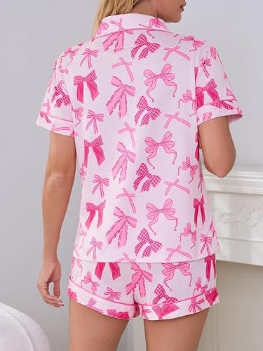 SMENYITRA Cute Pj Bow Pajamas Sets for Women 2 Piece Button Up Short Sleeve Comfy Summer Lounge Sleepwear thumbnail 6