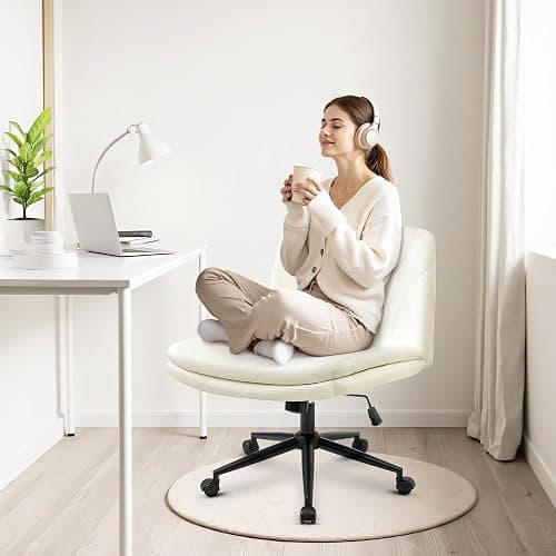 Orange Factory Criss Cross Chair with Wheels Comfy Wide Vanity Desk Chair Dual Base Leather Armless Adjustable Swivel for Home Computer Task (Beige) thumbnail 7