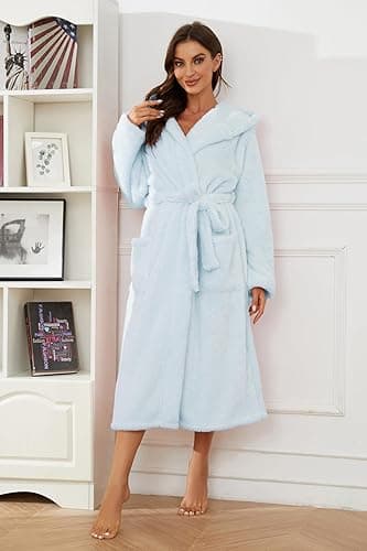 HEARTNICE Womens Hooded Fleece Robe, Thick Warm Plush Bathrobe for Women, Long Fluffy Comfy House Coat Long Fur Fleece thumbnail 3