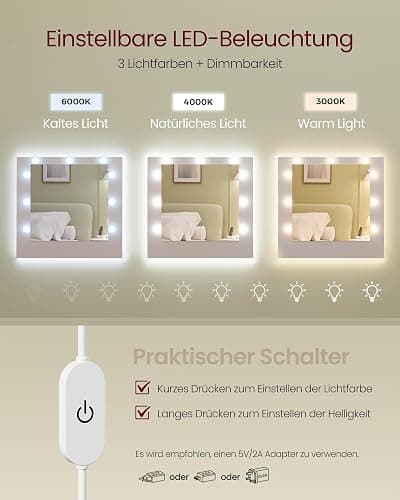 VASAGLE Kailyn Kollektion - Schminktisch mit Spiegel und LED-Leuchten, Steckdosenleiste, 9 Schubladen, 9 dimmbare Glühbirnen, 3 Lichtfarben, werkzeuglose Gleitschienen, wolkenweiß RDT141WB02 thumbnail 6