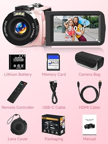 4K Video Camera Camcorder,UHD 56MP Camera Recorder,WiFi Vlogging Cameras for YouTube with IR Night Vision,18X Digital Zoom 3.0''Touch Screen Cam Corder with 64GB Card,Remote Control,Webcam,Pink thumbnail 8