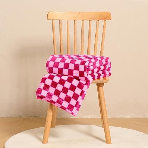 FY FIBER HOUSE Checkered Flannel Fleece Throw Blanket Soft Cozy Checkerboard Grid Print Chessboard Gingham Pattern Blankets for Bed Couch Sofa, 50"x60", Hot Pink - Hot Pink - 50"X60" thumbnail 4