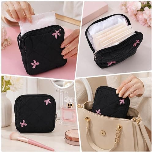 Portable Period Pouch, Cute Small Period Bag for Purse, Black Corduroy Sanitary Pad Pouch for Women thumbnail 4