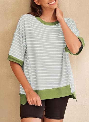 SHEWIN Womens Tops Casual Short Sleeve Sweatshirt Crewneck Striped Shirt Pullover T Shirts Loose Blouses thumbnail 3