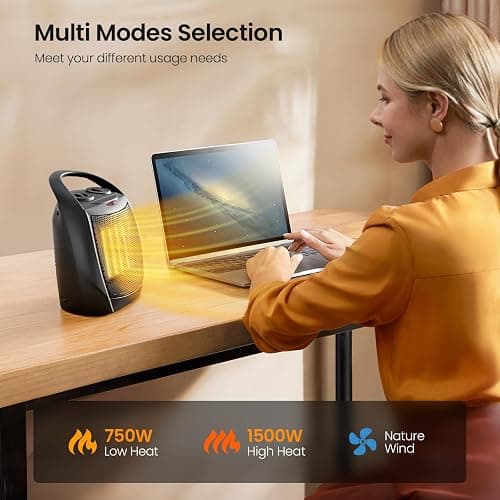 Kismile Small Electric Space Heater Ceramic Space Heater,Portable Heater Fan for Office with Adjustable Thermostat and Overheat Protection ETL Listed for Kitchen, 750W/1500W(Black) thumbnail 5