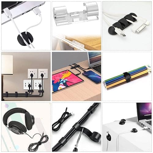 Cord Management Organizer Kit 4 Cable Sleeve split 192PCS Cable Management | 41Self Adhesive Cable Clips Holder, 10pcs and 2 Roll Self Adhesive tie ,100 Fastening Cable Ties, for TV Office Car Desk Home thumbnail 7