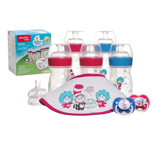 Playtex Baby Dr. Seuss Newborn Gift Set with 5 Nurser Bottles (3X 4Oz, 2X 8Oz), 2 Binky Pacifiers, 60 Drop-Ins Liners & Bib, Bottles for Newborn and Breastfeeding Babies, Feeding Essentials thumbnail 9