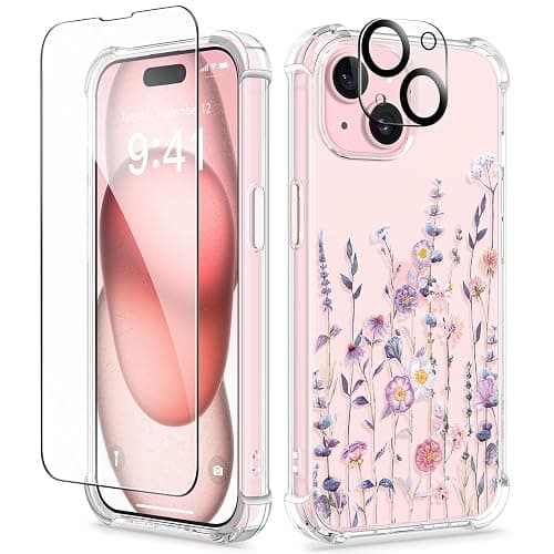 GVIEWIN for iPhone 15 Case Floral, with Screen Protector&Camera Lens Protector,[Non Yellowing] Soft Shockproof Clear Phone Protective Cover for Women, Flower Pattern Design 6.1" (Floratopia/Colorful) - Image 1