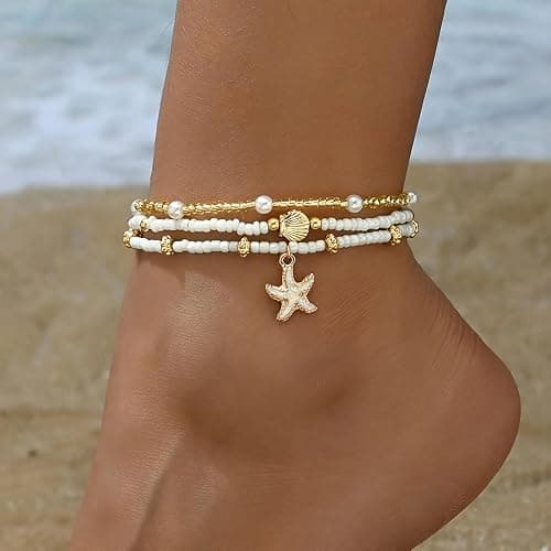 Qceasiy Bead Ankle Bracelets Set For Women, Adjustable Gold Plated Boho Shell Anklet, Hawaiian Beach Seashell Pearl Disc Starfish Conch Foot Jewelry, Summer Fashion Gifts thumbnail 4