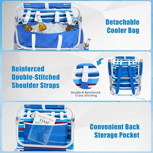 SUNNYFEEL Beach Chairs for Adults 2 Pack 5 Position Lay Flat, Portable Folding Backpack Beach Chair Heavy Duty with Cooler Bag, Cup Holder for Outdoor/Lawn/Picnic, Foldable Camping Chair thumbnail 6