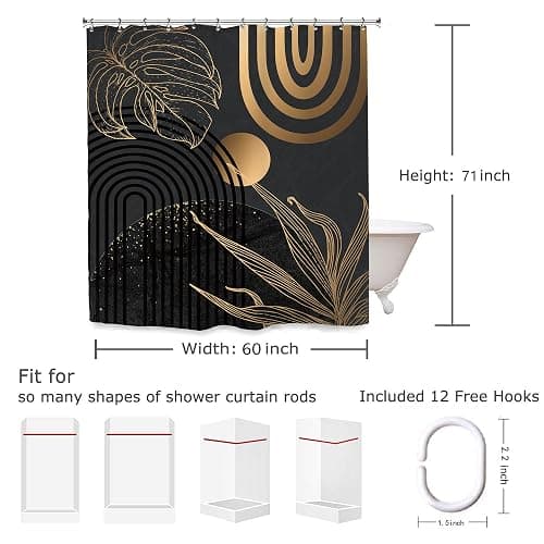 Yookeb Abstract Black Gold Minimalist Bathroom Shower Curtain 60W by 71H Inch Aesthetic Modern Contemporary Leaves Mid Century Neutral 12 Plastic Hooks Waterproof Decor thumbnail 4